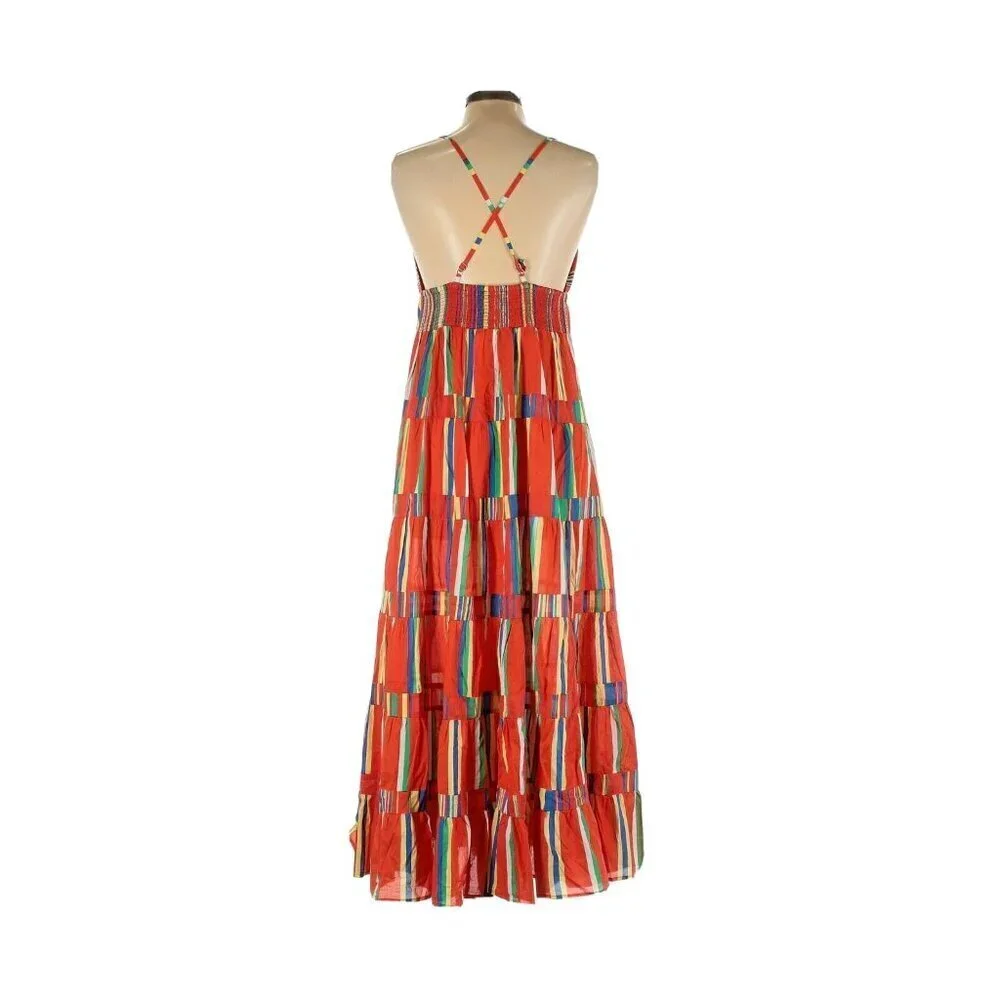 NWT J.Crew Tiered Cotton Voile Maxi in Red Multi Stripe Cross Strap Dress L