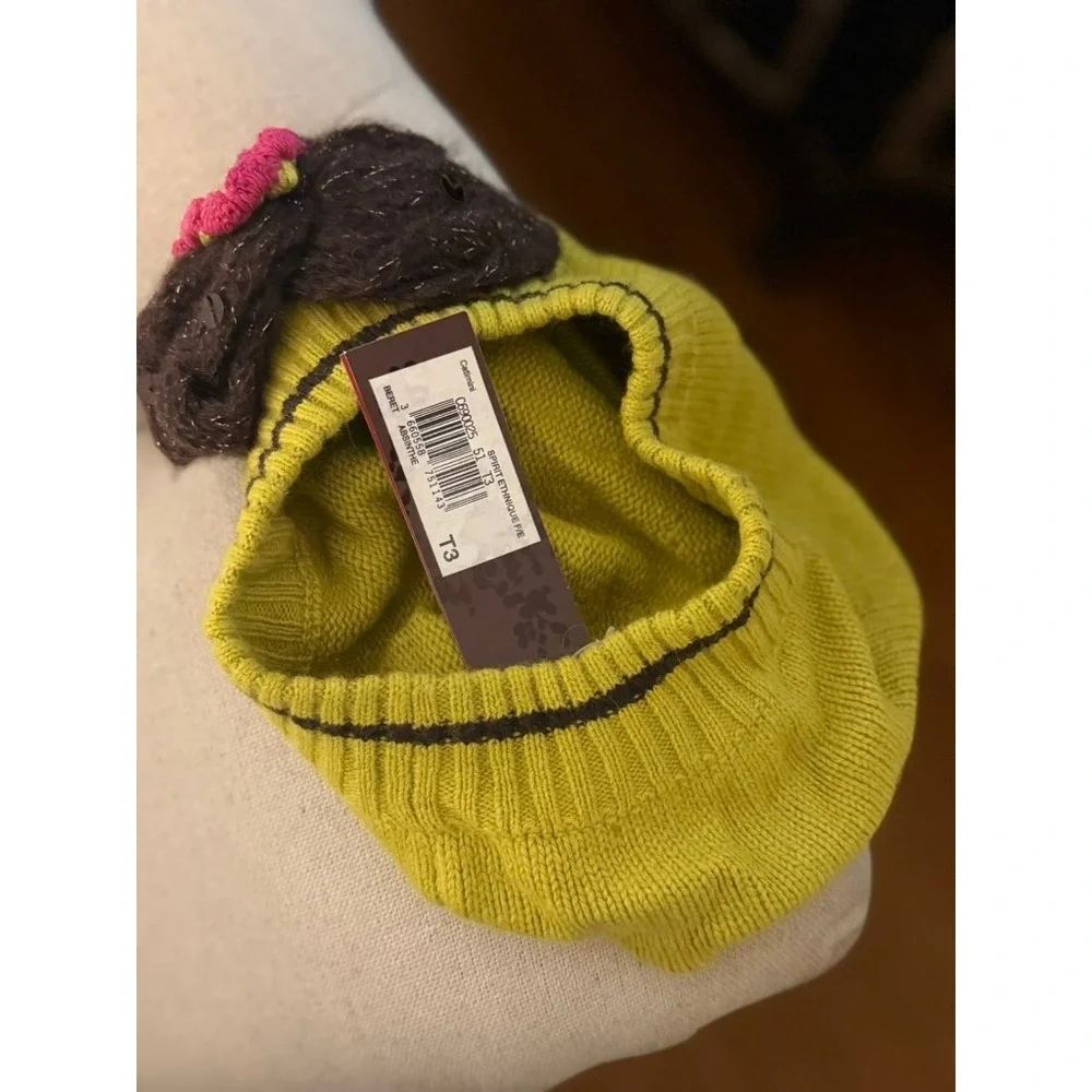 Vintage Catimini Girls Knit Beret Hat T3 Lime Green Floral Applique NWT