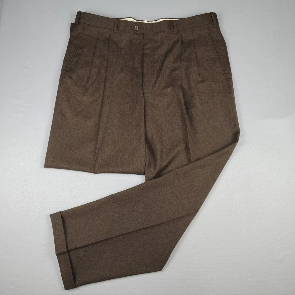 VTG Claiborne Dress Pants Mens 42x32 Brown 100% Worsted Wool Pleated Cuffed NWOT