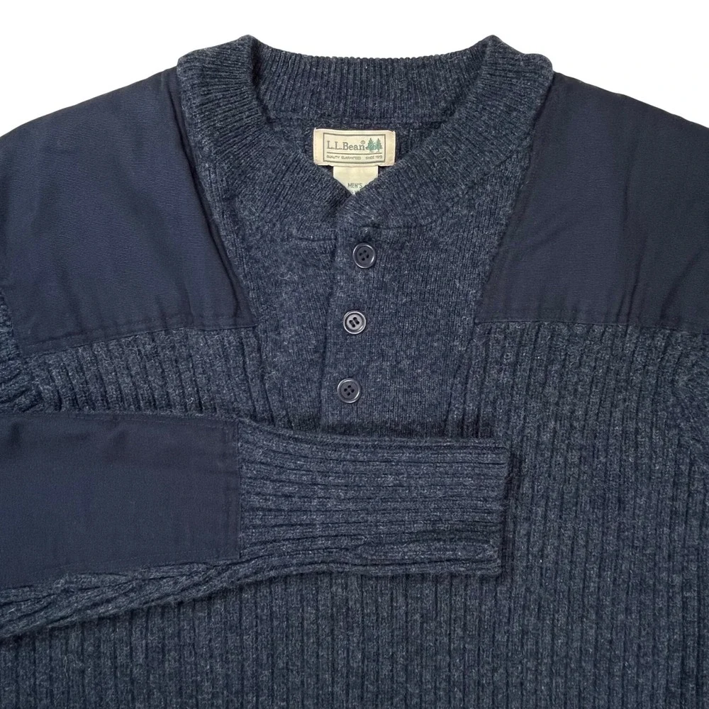 LL Bean Commando Henley Sweater Men Large Navy Merino Lambswool Ribbed Patches