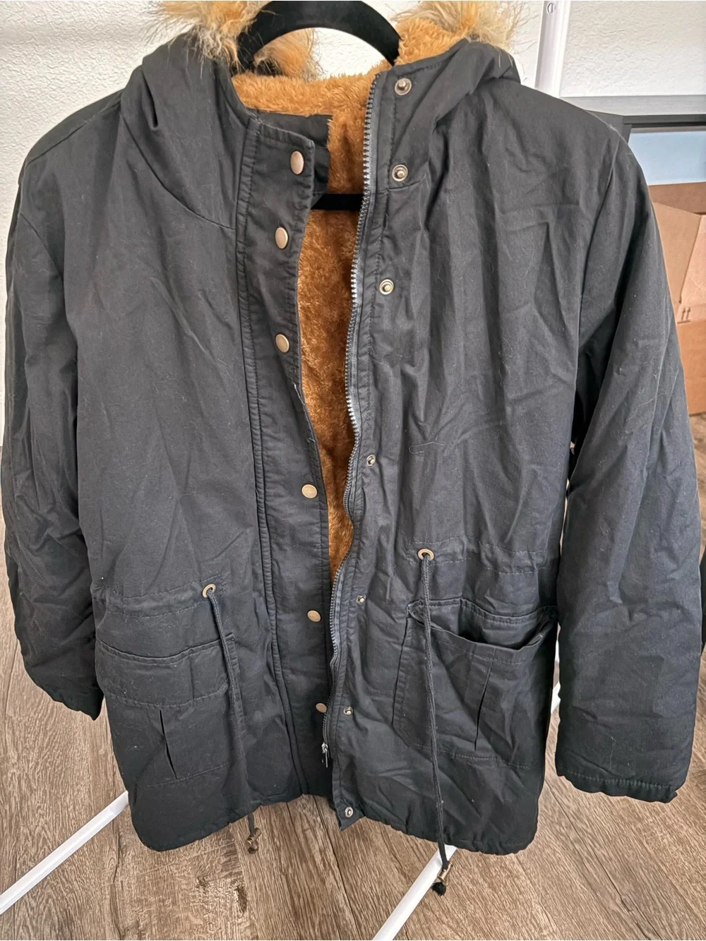 Allegra K Women’s Black Field Jacket with Tan Faux-Fur Lining