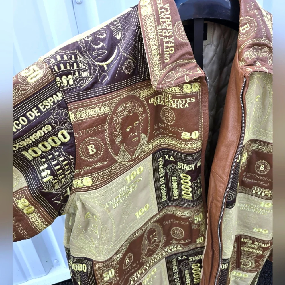 Insane LEATHER money Pattern Mens Coat Jacket Oversized Hip Hop 90s Y2k Size 4XL