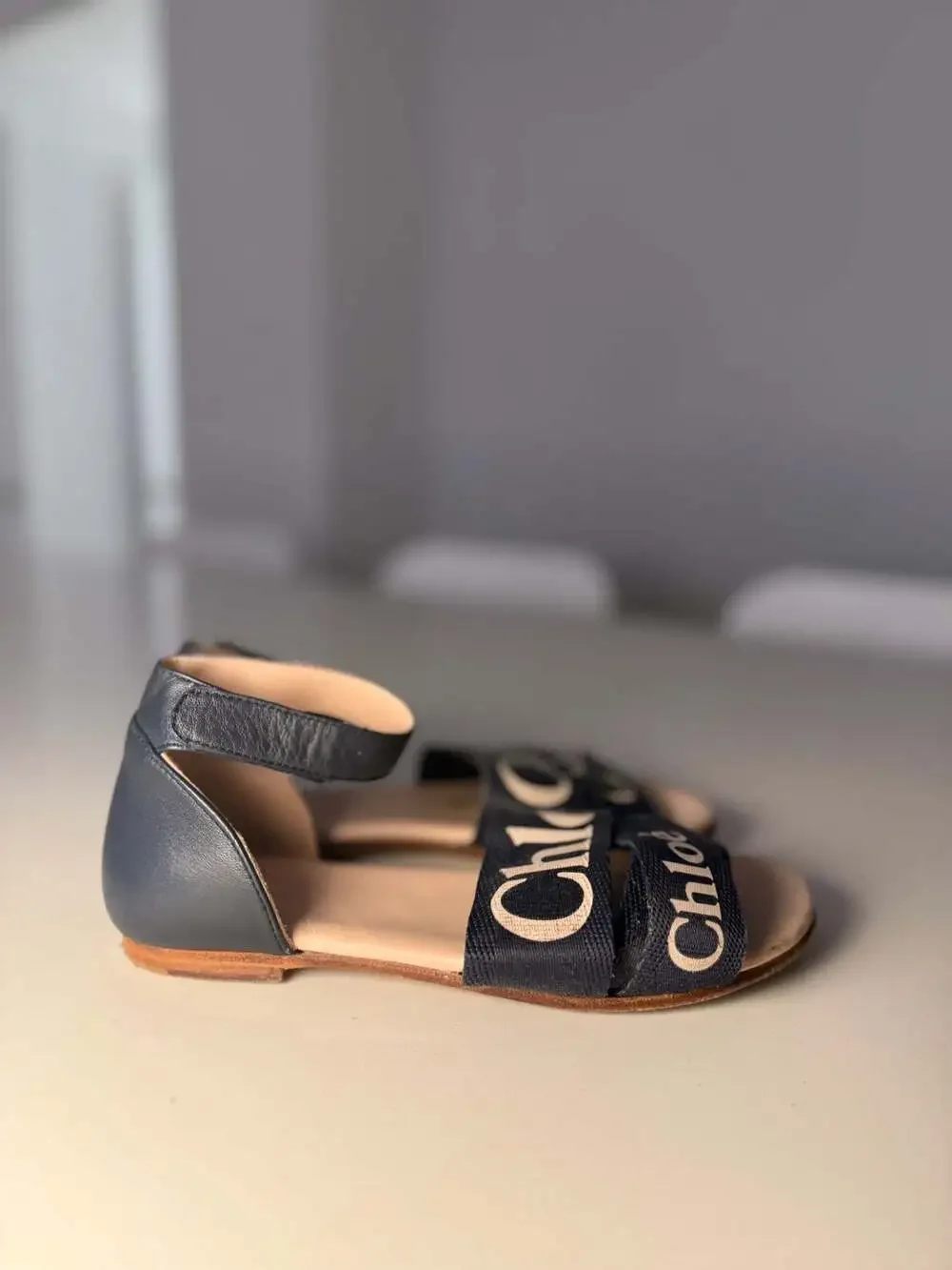 Chloé Kids Woody Navy Blue Canvas Flat Sandals with Ankle Strap Size 34