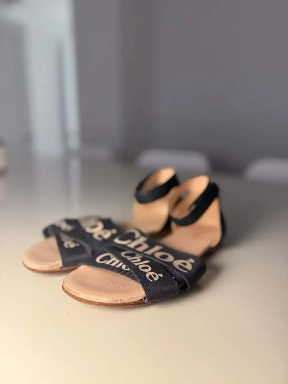 Chloé Kids Woody Navy Blue Canvas Flat Sandals with Ankle Strap Size 34