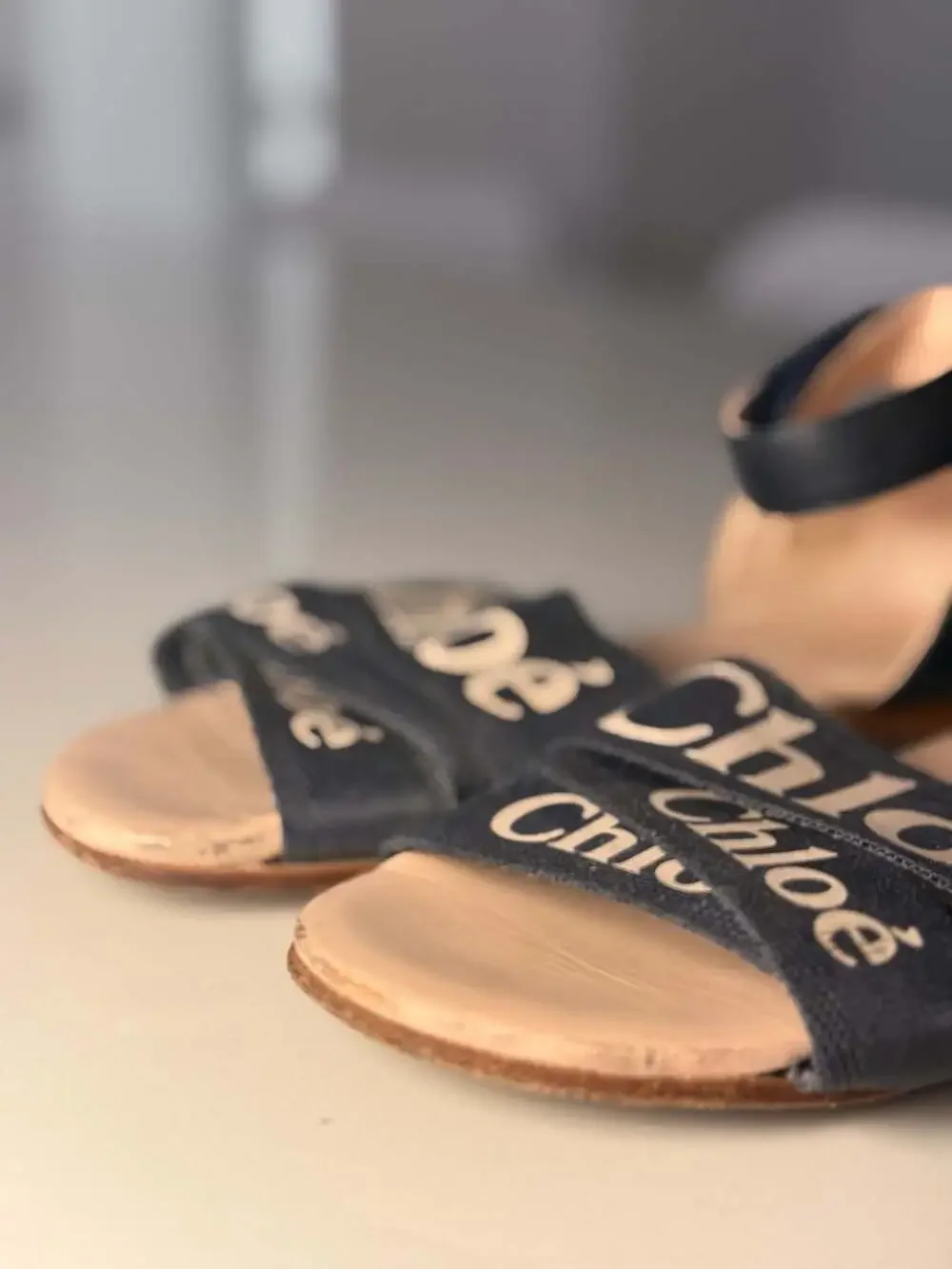 Chloé Kids Woody Navy Blue Canvas Flat Sandals with Ankle Strap Size 34