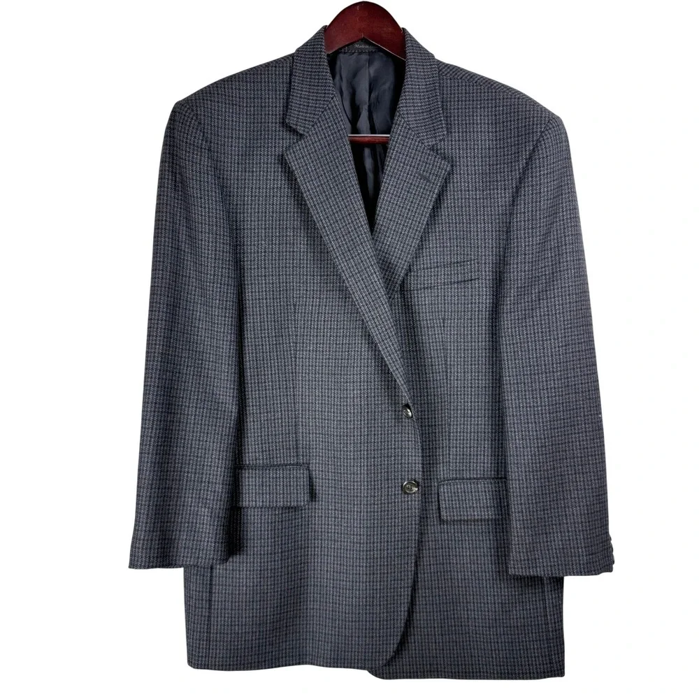 Chaps Sport Coat Mens 46R Lambswool Grey Houndstooth Blazer Academia Preppy