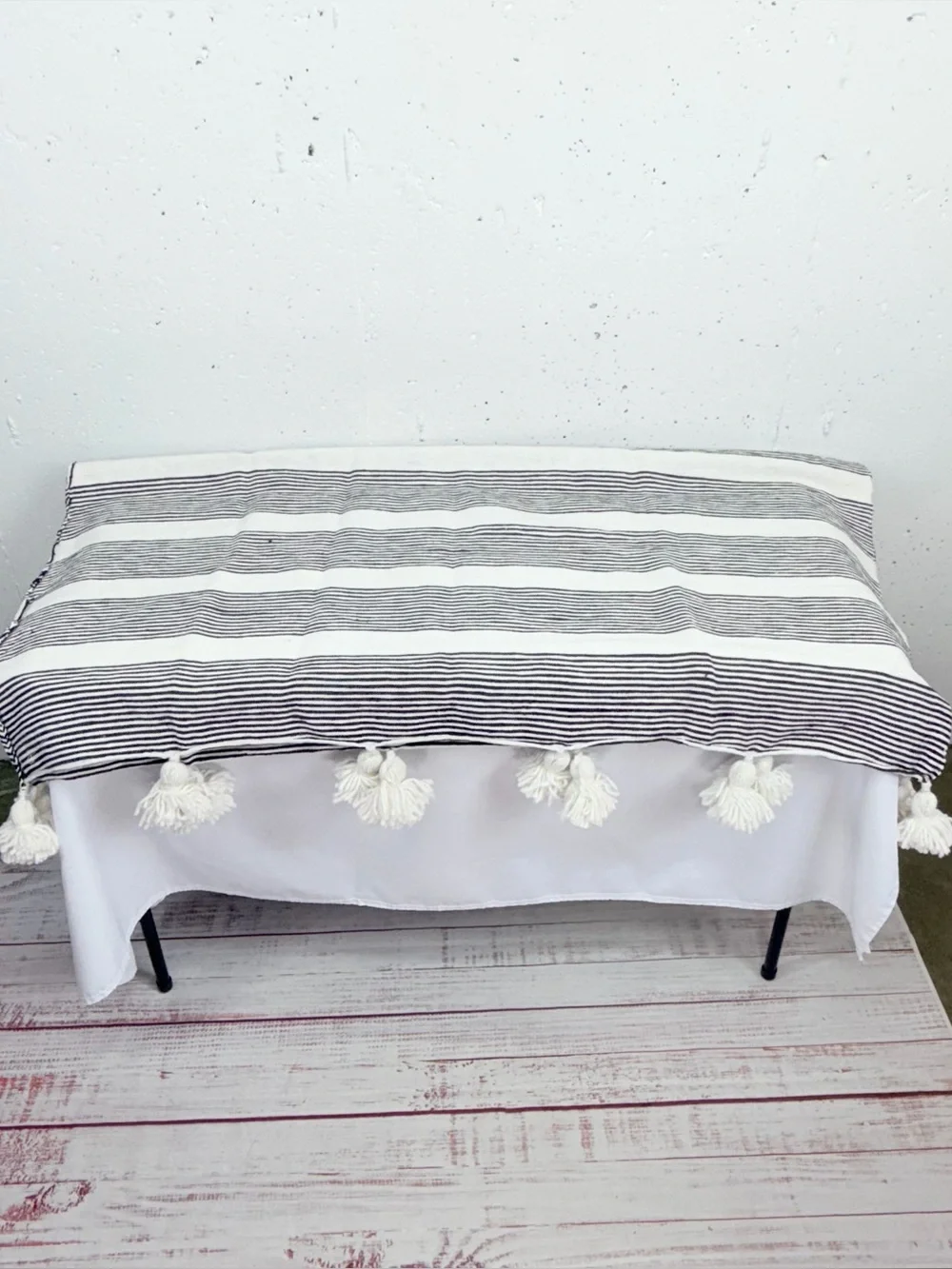 Woven Nook Off White & Black Pom Rugged Throw 47 x 60”
