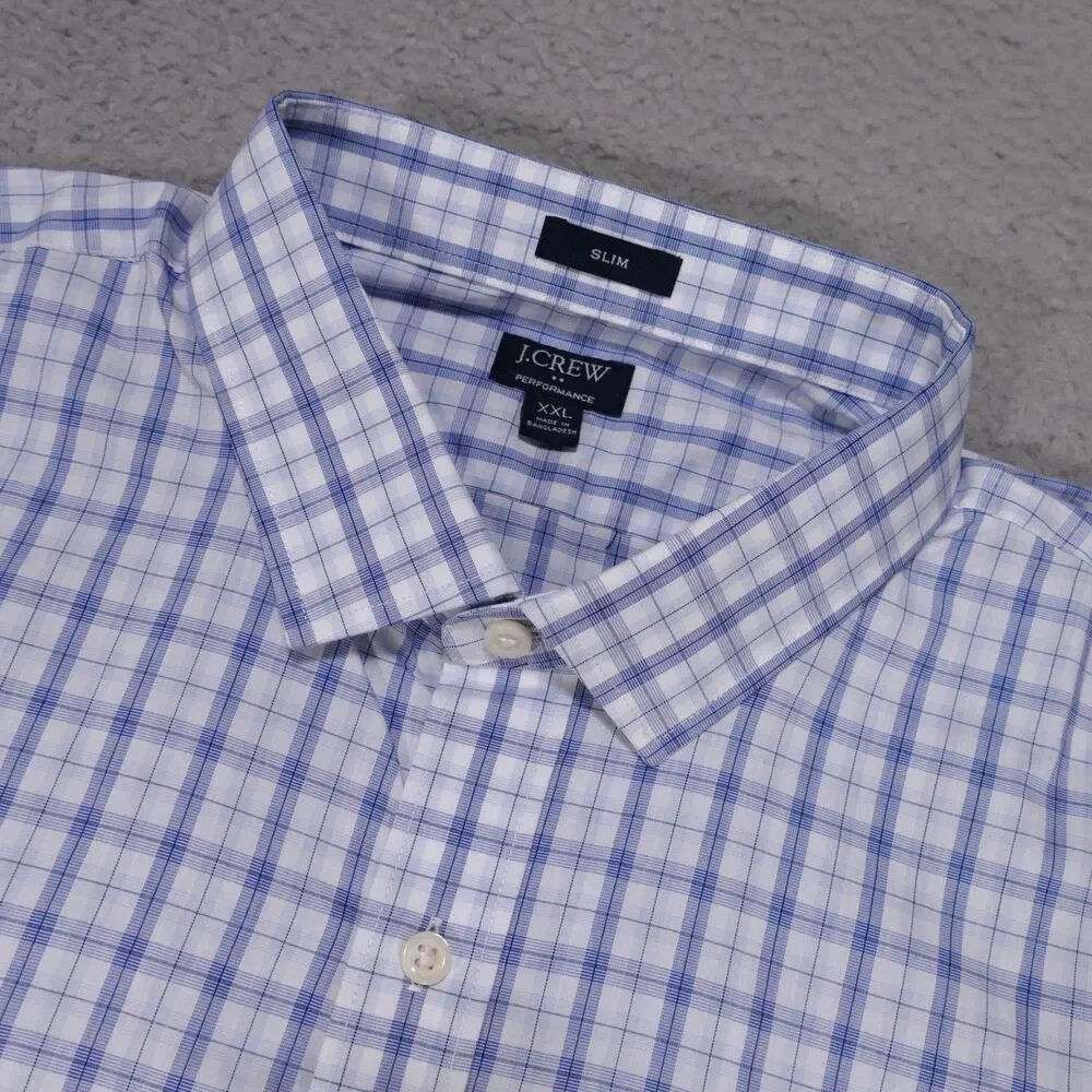 J. Crew Button Up Shirt Mens 2XL SLIM FIT Blue Plaid Long Sleeve Cotton Stretch