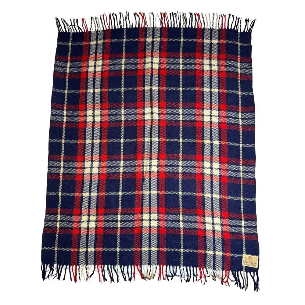 1960s CarlDyke Tartan Wool Stadium Blanket Red Navy Plaid Fringe 51x38