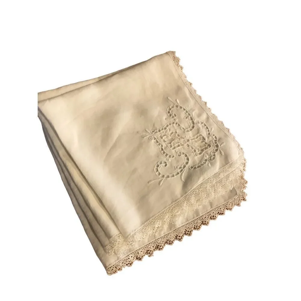Set of 6 Vintage White Cotton Dinner Napkins w lace cutout details—17” Square