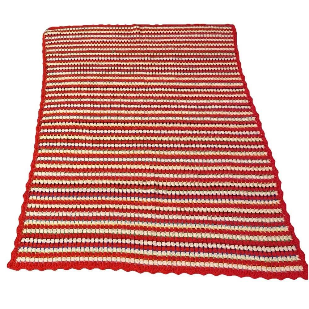 Vintage MCM Hand Crocheted Grit Stitch Afghan Red & White 57” X 44”