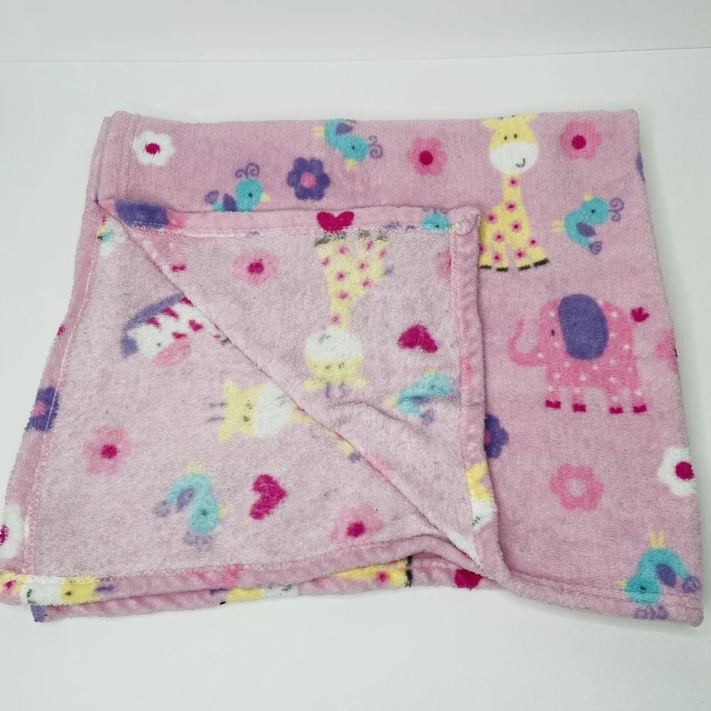 Cuddle Me Plush Pink Baby Blanket Giraffe Zebra Bird & Elephant Zoo Heart Flower