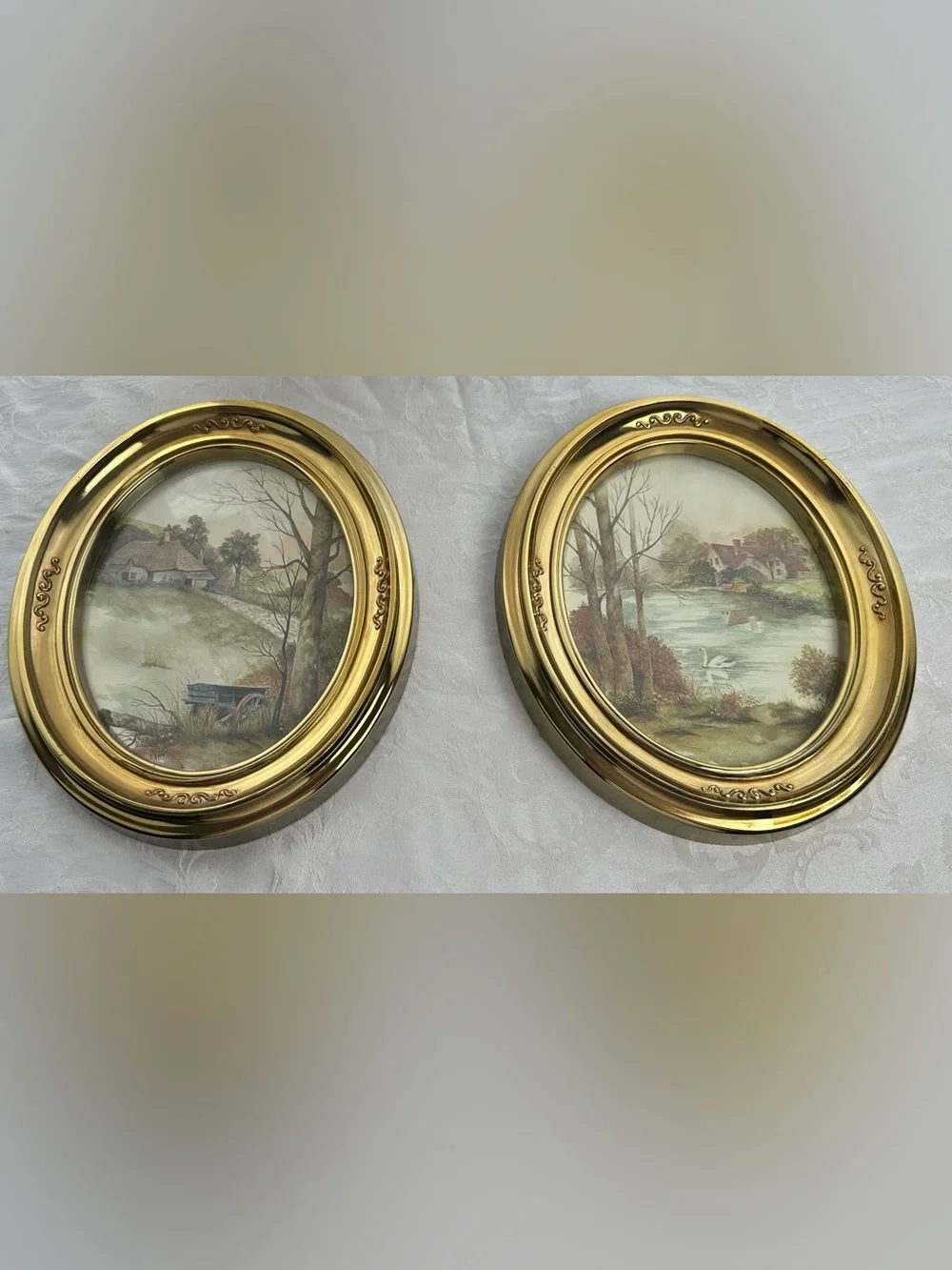Gold Oval Wall Art Pair with Countryside Prints