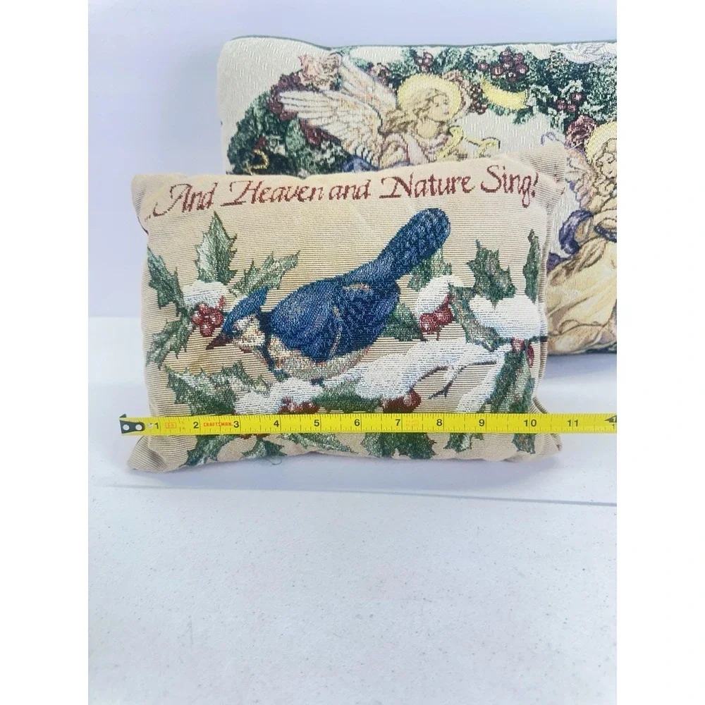 Vintage Christmas Tapestry Pillows Lot 2 Angels Bird Heaven Nature Sing Holiday