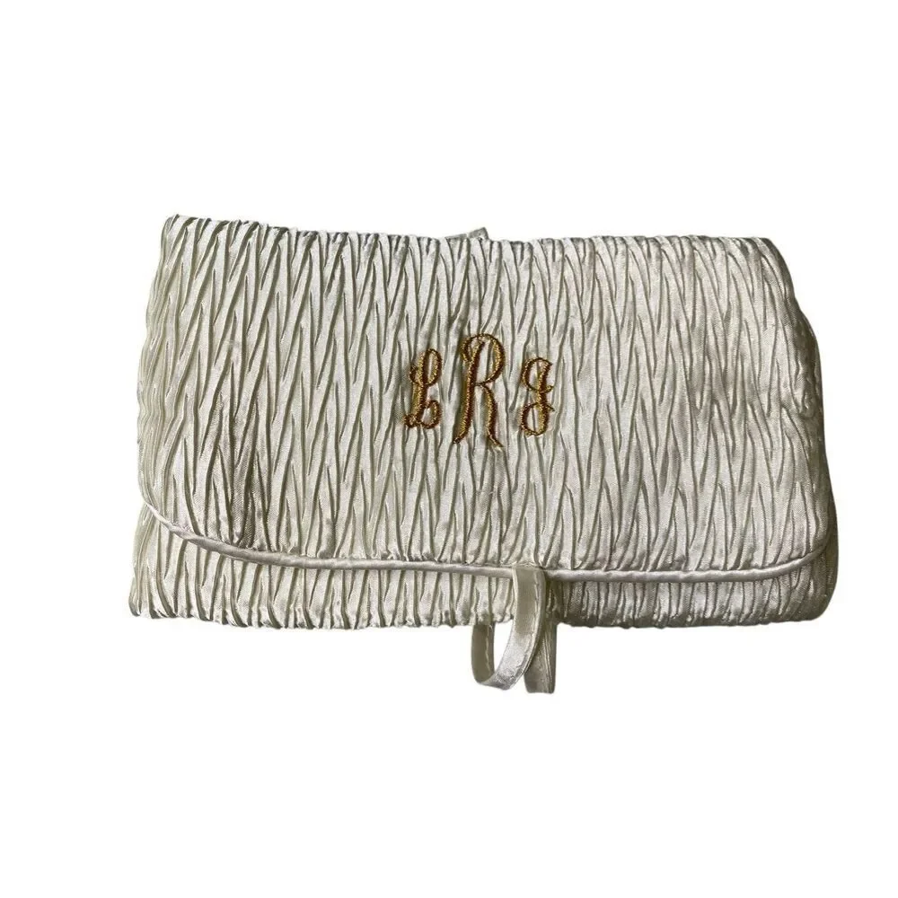 Vintage Satin Hanging Jewelry Organizer Roll Travel Case Ivory Monogram Bridal