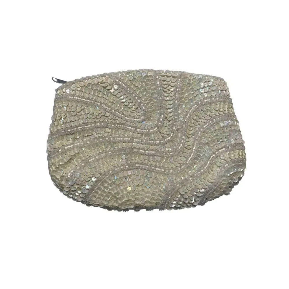 Vintage Ivory Beaded Sequin Clutch Bridal Purse 80s Formal Small Handbag Wedding