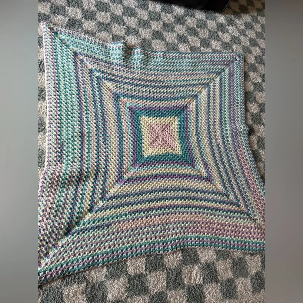 VTG 70s Afghan Blanket Crochet Hippie Boho Multi Color Handmade Blue Pink Cream
