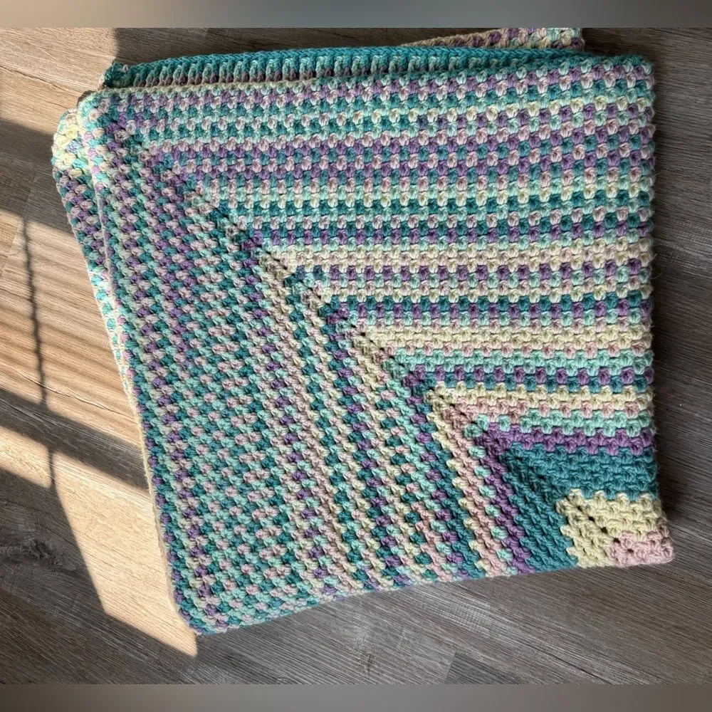 VTG 70s Afghan Blanket Crochet Hippie Boho Multi Color Handmade Blue Pink Cream