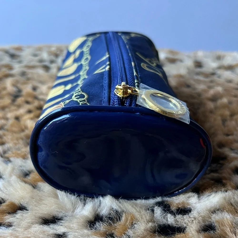 Estee Lauder Navy Blue Gold Charm Print Zippered Cosmetic Pouch