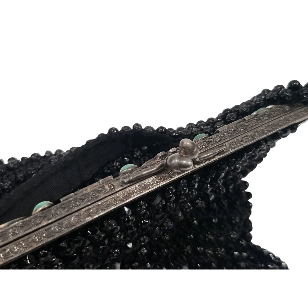 Antique Vintage 1920's Art Deco Beaded Black Flapper Handbag Purse‎ Bag
