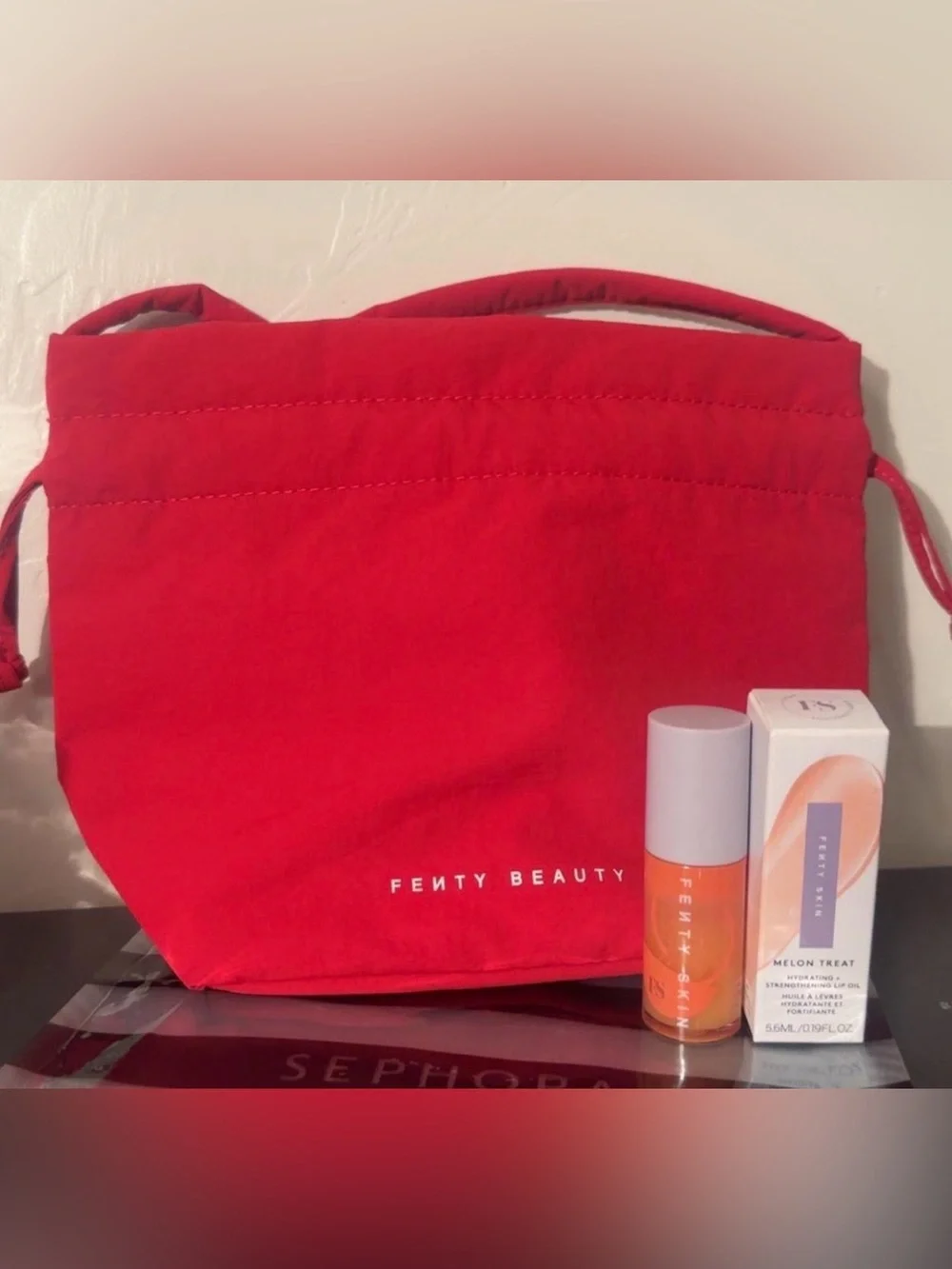Fenty Beauty Red Drawstring Cosmetic Pouch