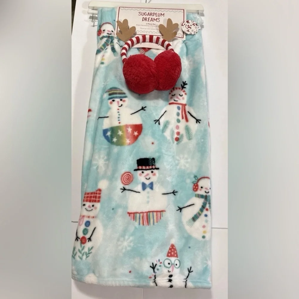 Sugarplum Dreams 2-Pc Set 50”x60” Throw Blanket & Earmuffs Colorful Snowman NWT