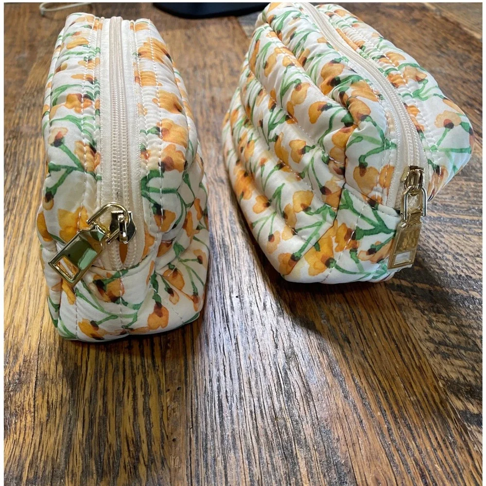 Regallaire Quilted Makeup Bag Set 2pc Yellow Floral Cosmetic‎ Pouch Travel Case