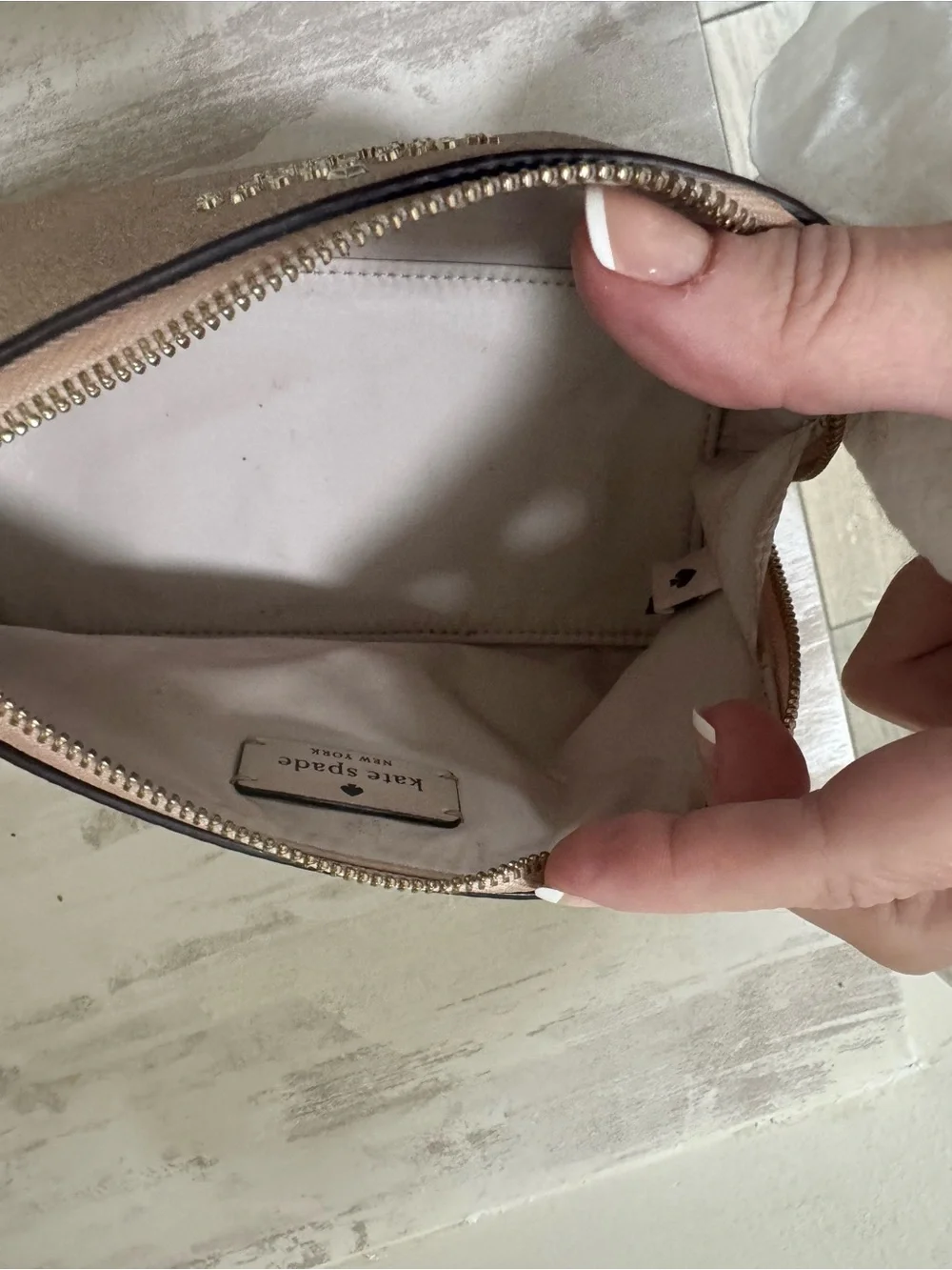 kate spade glitter zip cosmetic pouch in rose gold