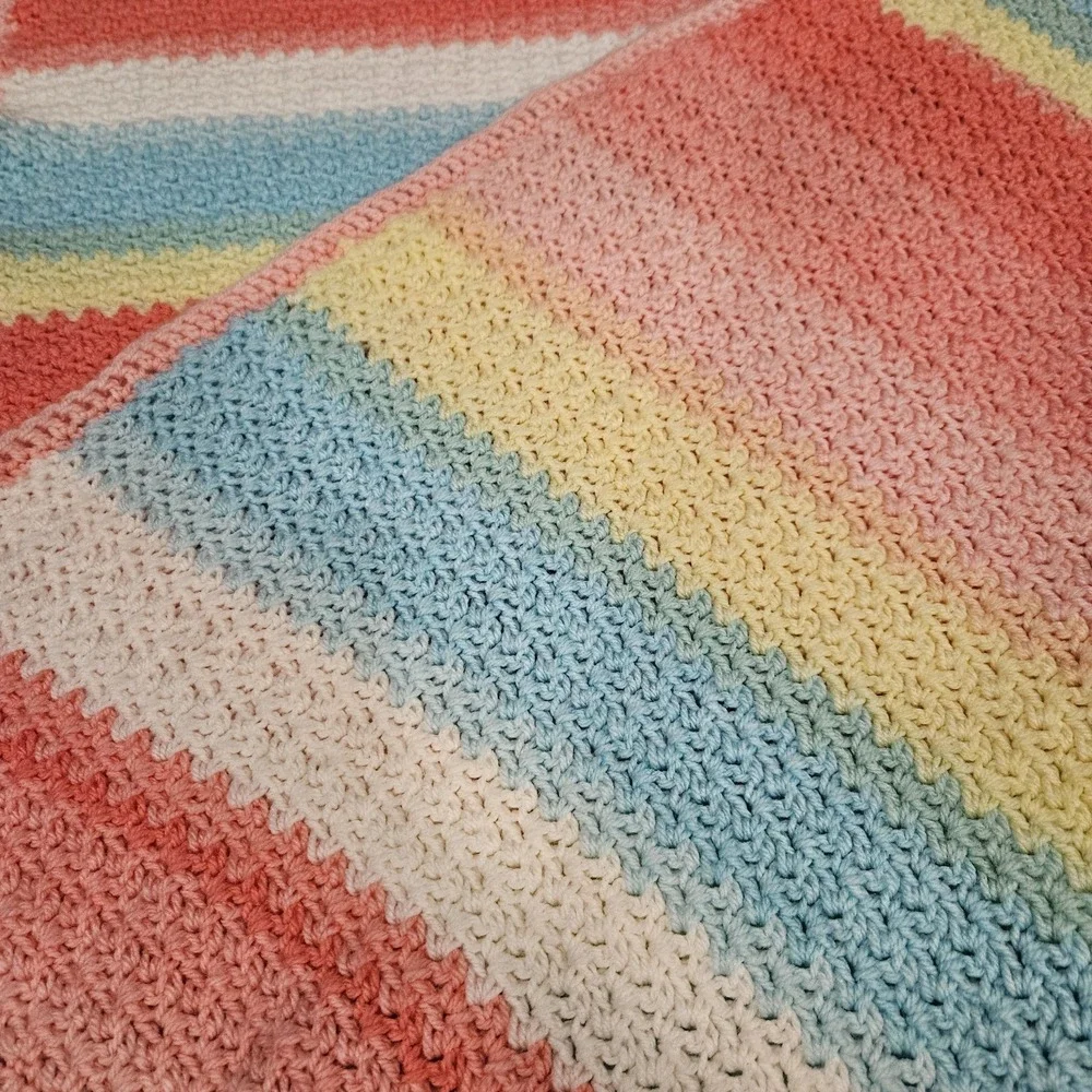Handmade Crochet Baby Blanket Pastel‎ Rainbow Afghan Pink Blue Yellow 32