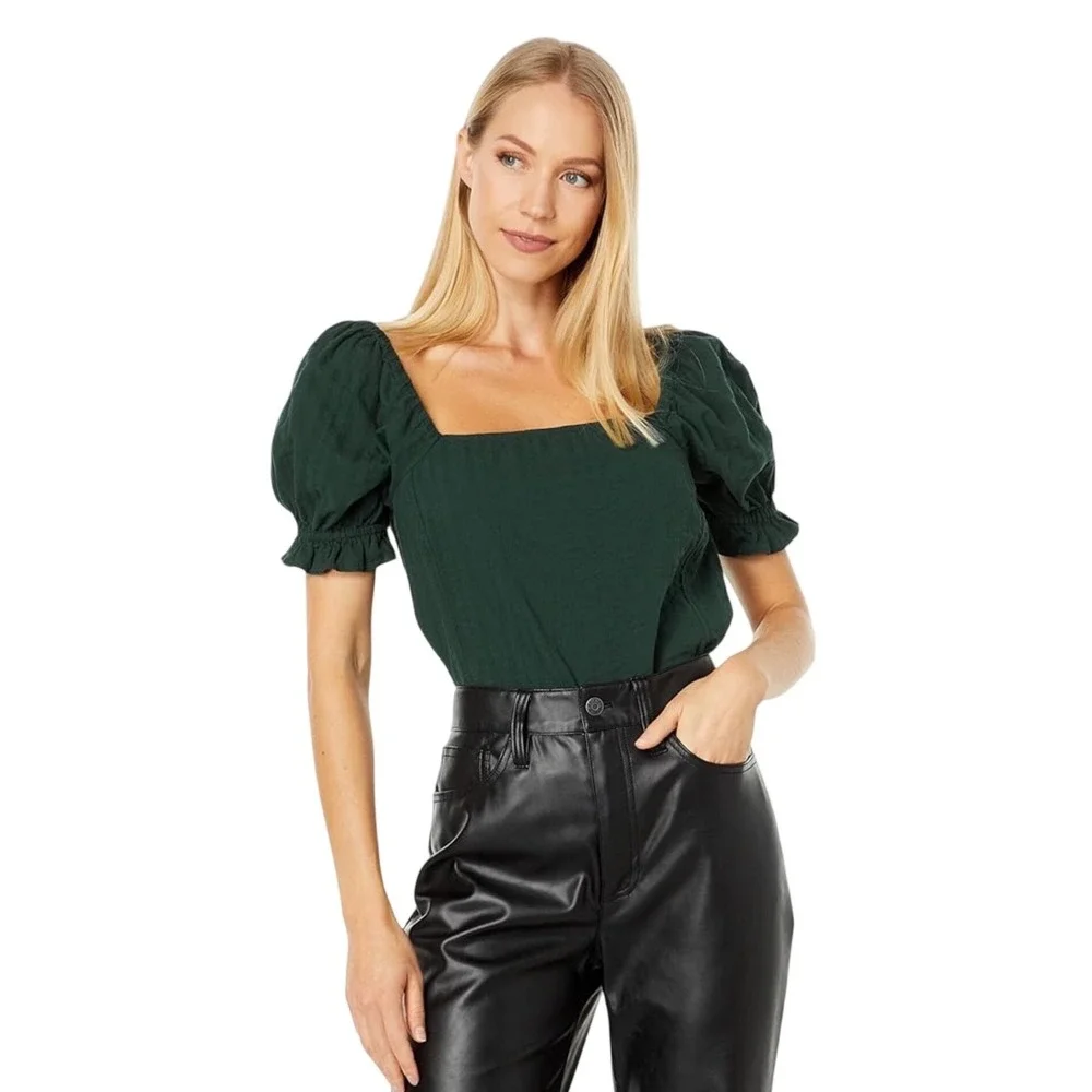 Madewell Dark Green‎ Puff Sleeve Smocked Back Square Neck Top Small Textured