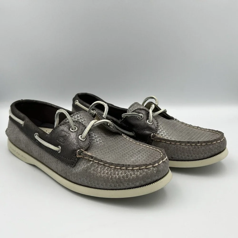 Sperry Angelfish Silver Metallic Leather Boat Shoes W 9M Coastal‎ Marina Preppy