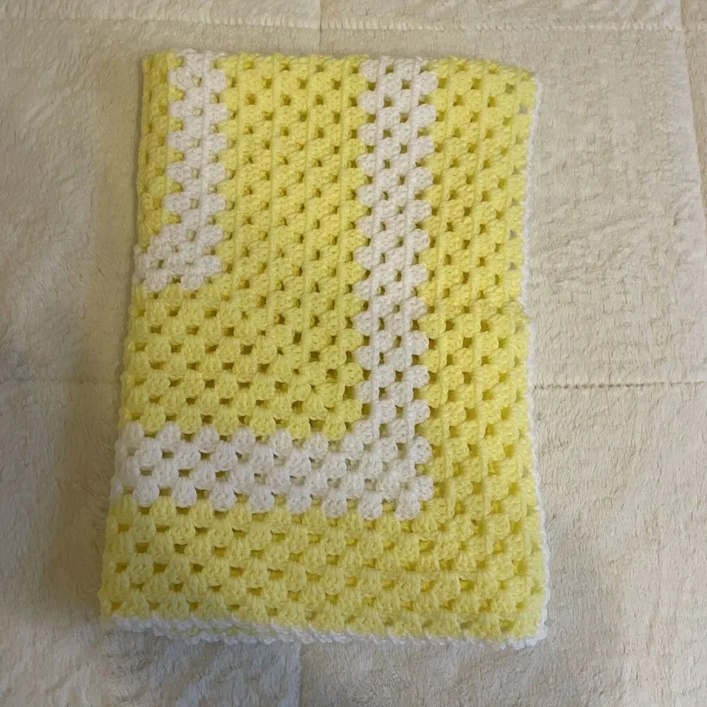 Afghan Blanket Knit Handmade Crochet Baby Throw Vintage 41” x 41” Yellow White