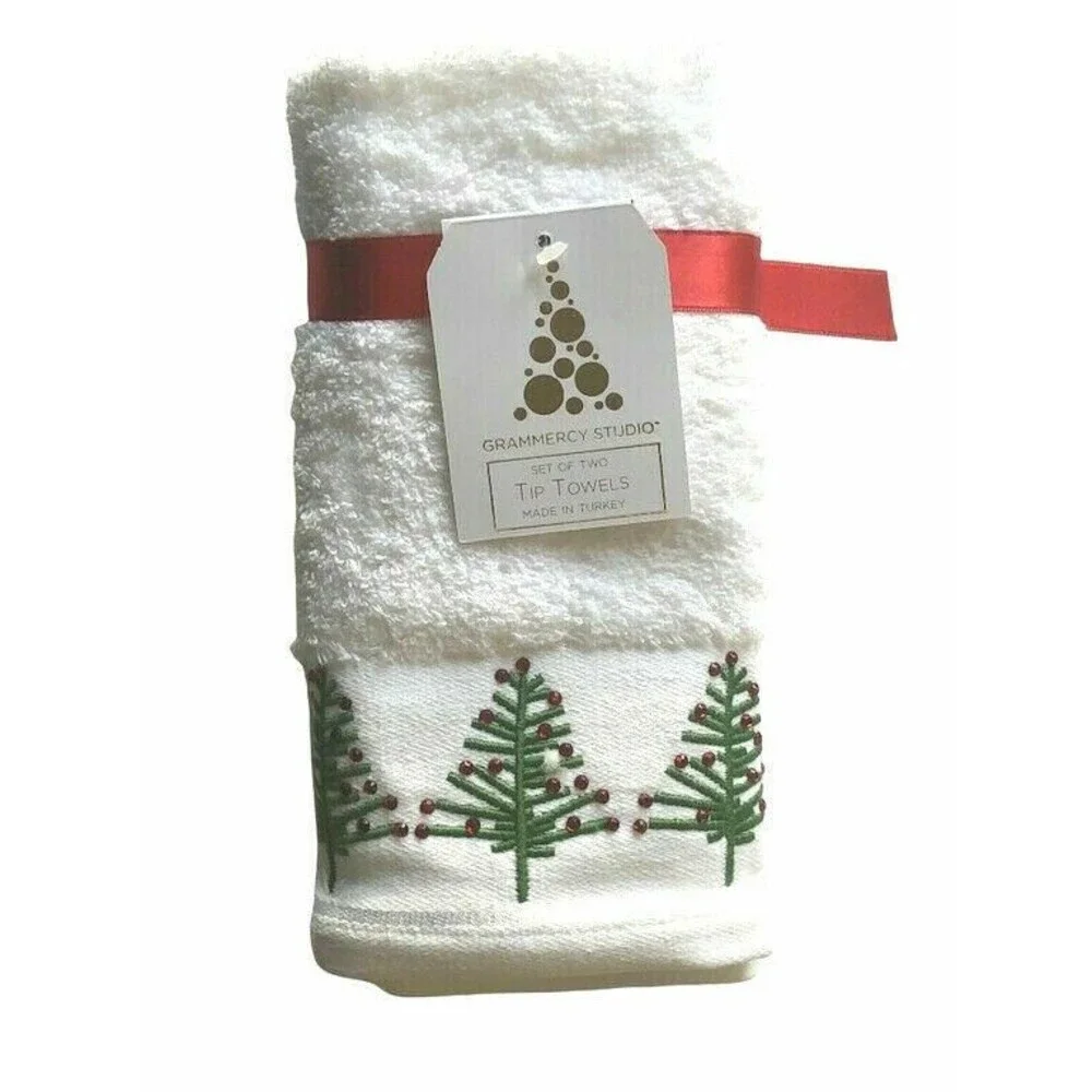 Christmas Tree Rhinestone Fingertip Towels Embellished Embroidered Set of 2