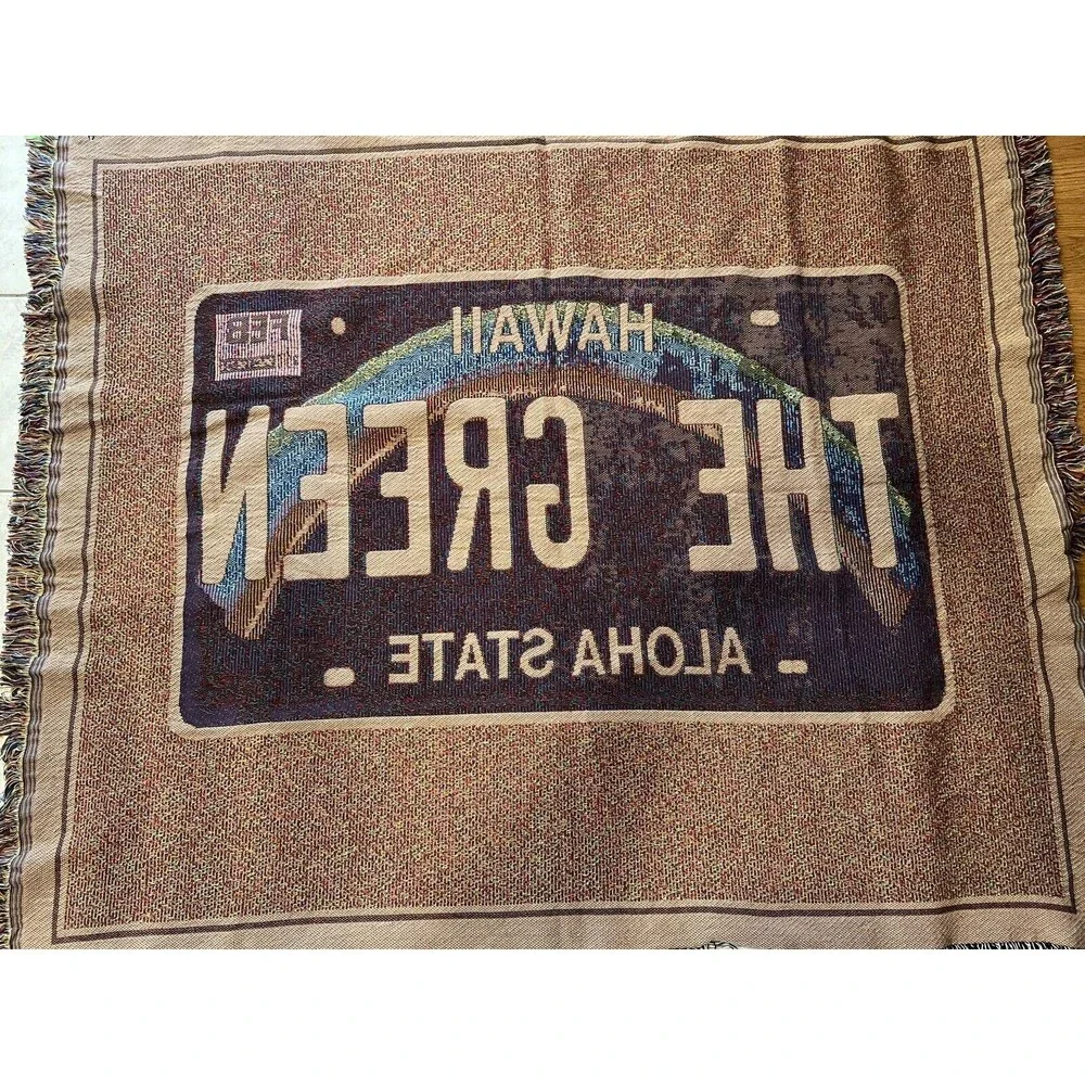 Hawaii State License Plate Tapestry Throw Blanket Fringe The Green State Travel