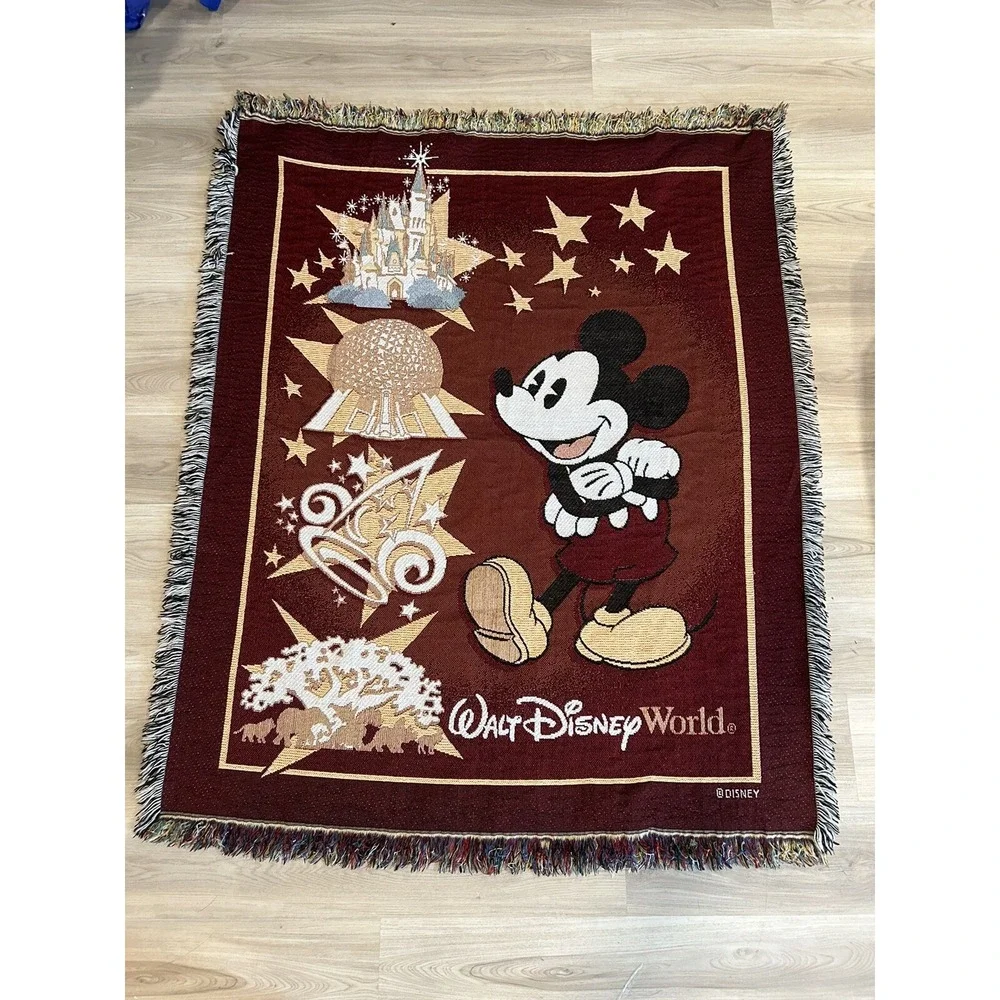 Walt Disney World Mickey Mouse Magic Kingdom Epcot Burgundy Blanket Throw