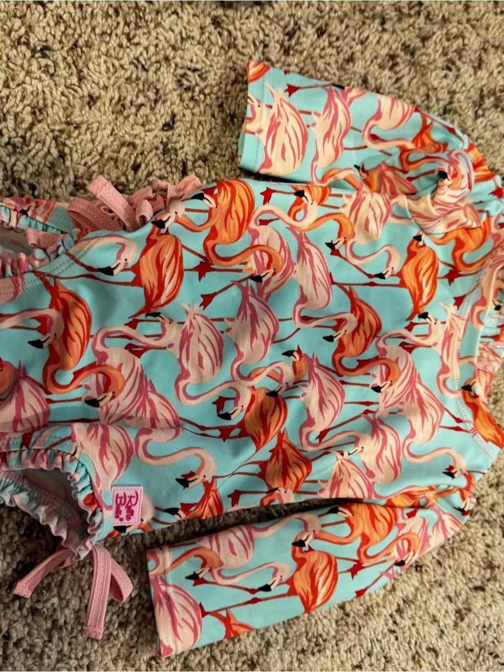 Ruffle Butts Aqua Flamingo Long-Sleeve Rash Guard with Pink Accents