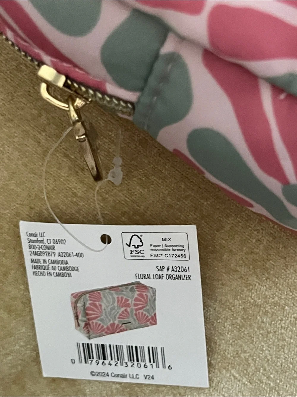 Conair Floral Zip Cosmetic Pouch in Pink and Mint