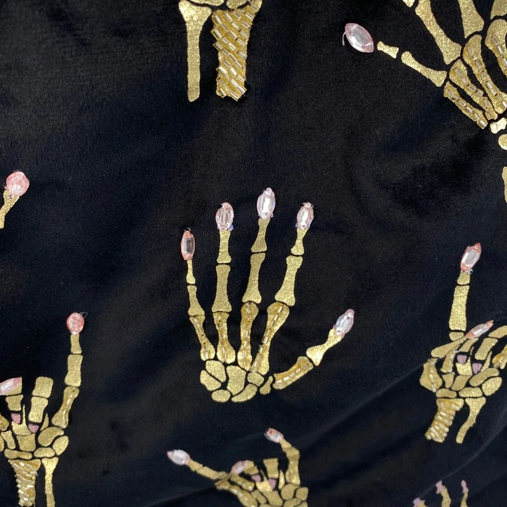 Lunaville Table Runner Black Gold Metallic Skeleton Hand Beaded Nails Halloween