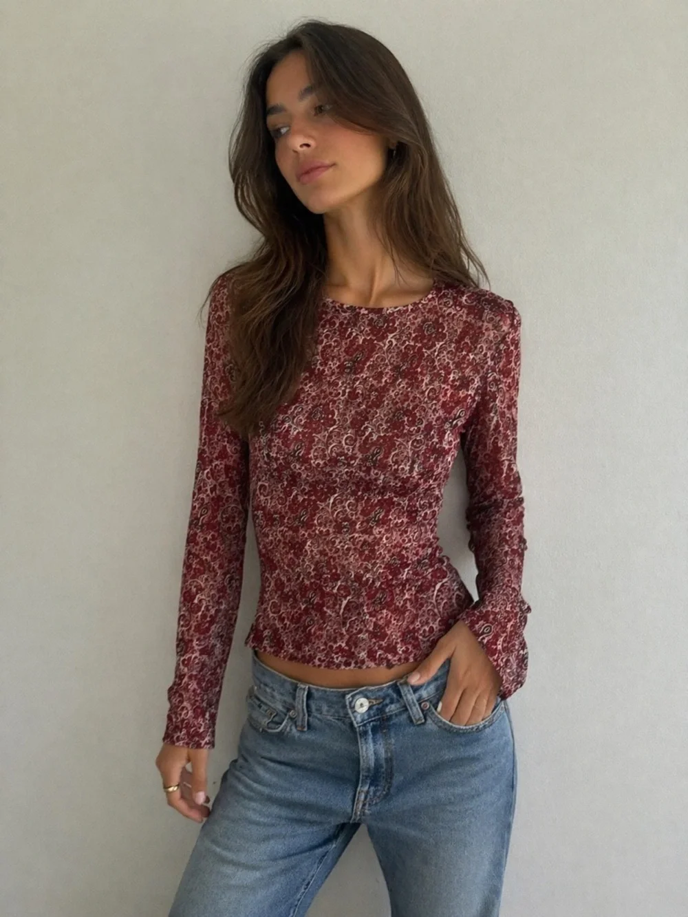 Boden Burgundy Floral Long Sleeve Tee size 2 EUC