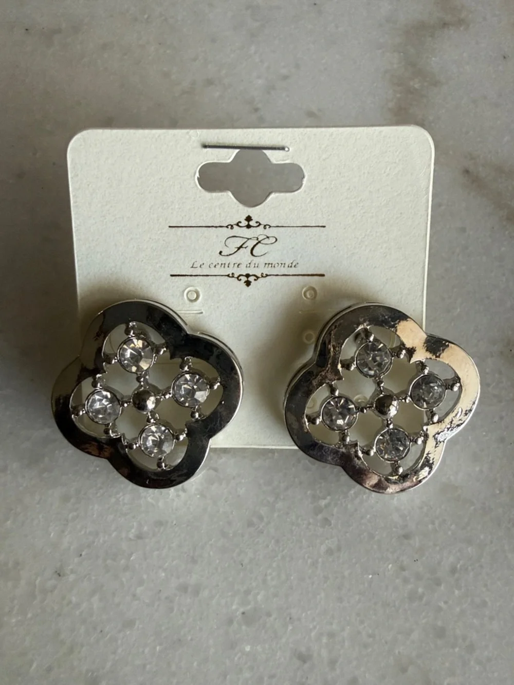 NWT!! Crystal Accent Silver-Tone Clover Post Back Earrings