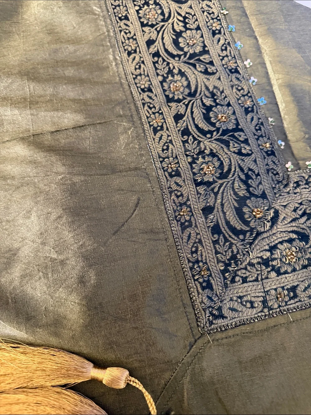 Olive Green Embroidered Cotton Throw/ table cover with goldTassels