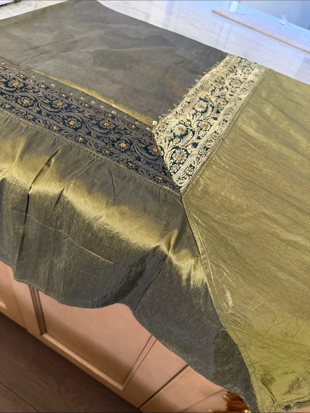 Olive Green Embroidered Cotton Throw/ table cover with goldTassels