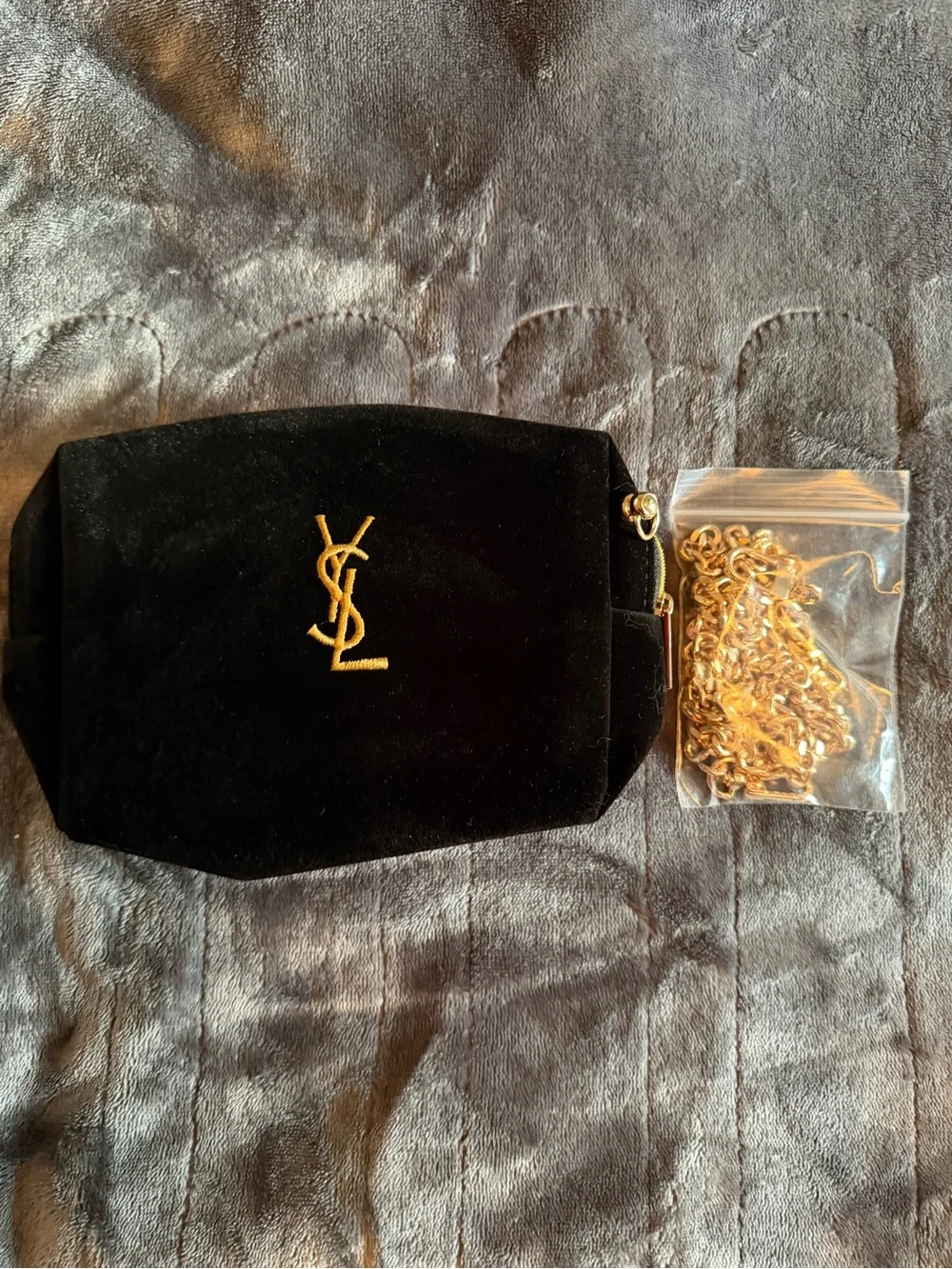 GWP!! Saint Laurent Black Velvet Cosmetic Pouch with Gold YSL Monogram