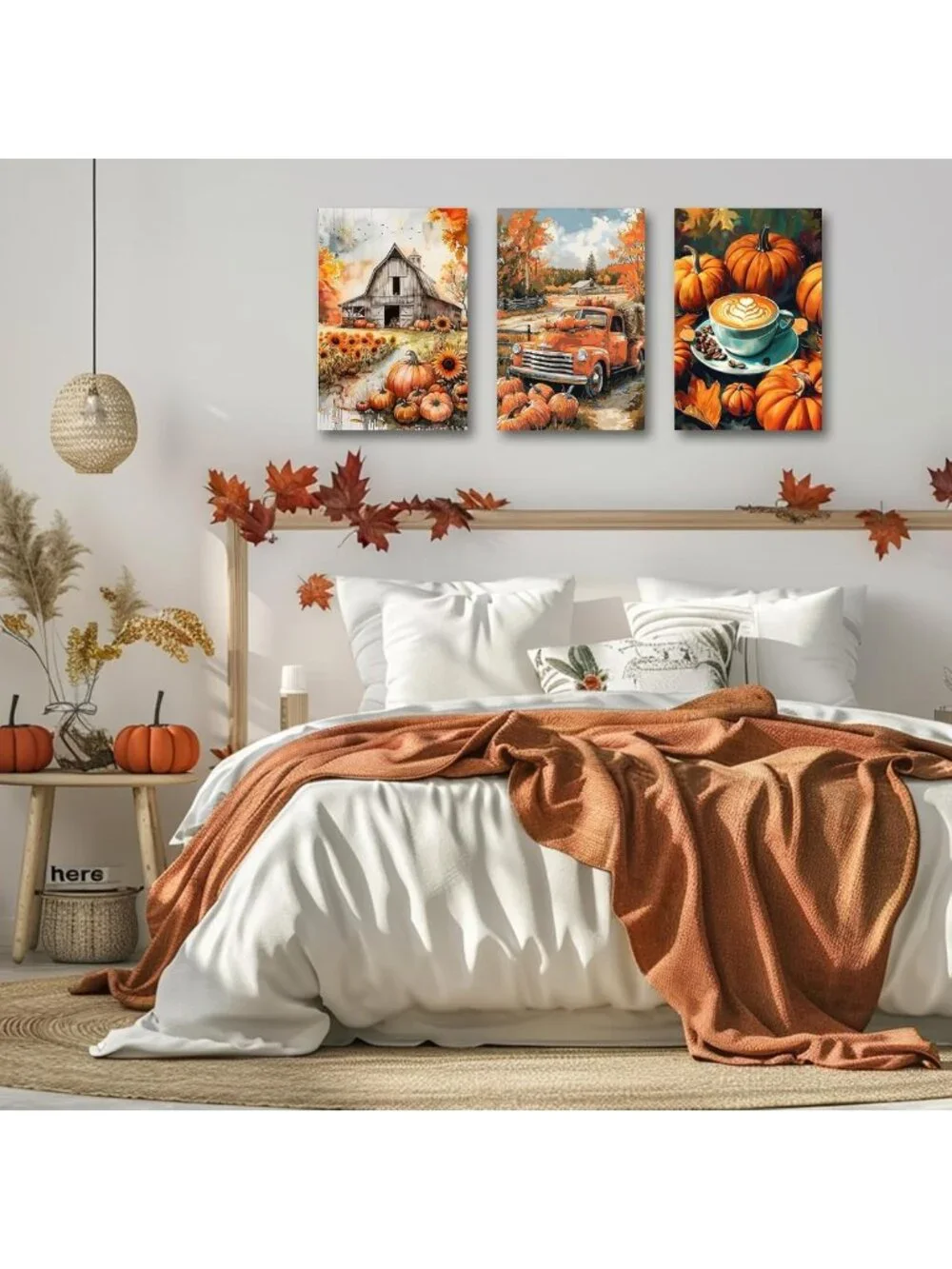 Autumn Pumpkin Wall Art Set - 3 Piece Fall Decor Canvas Prints for Thanksgiving