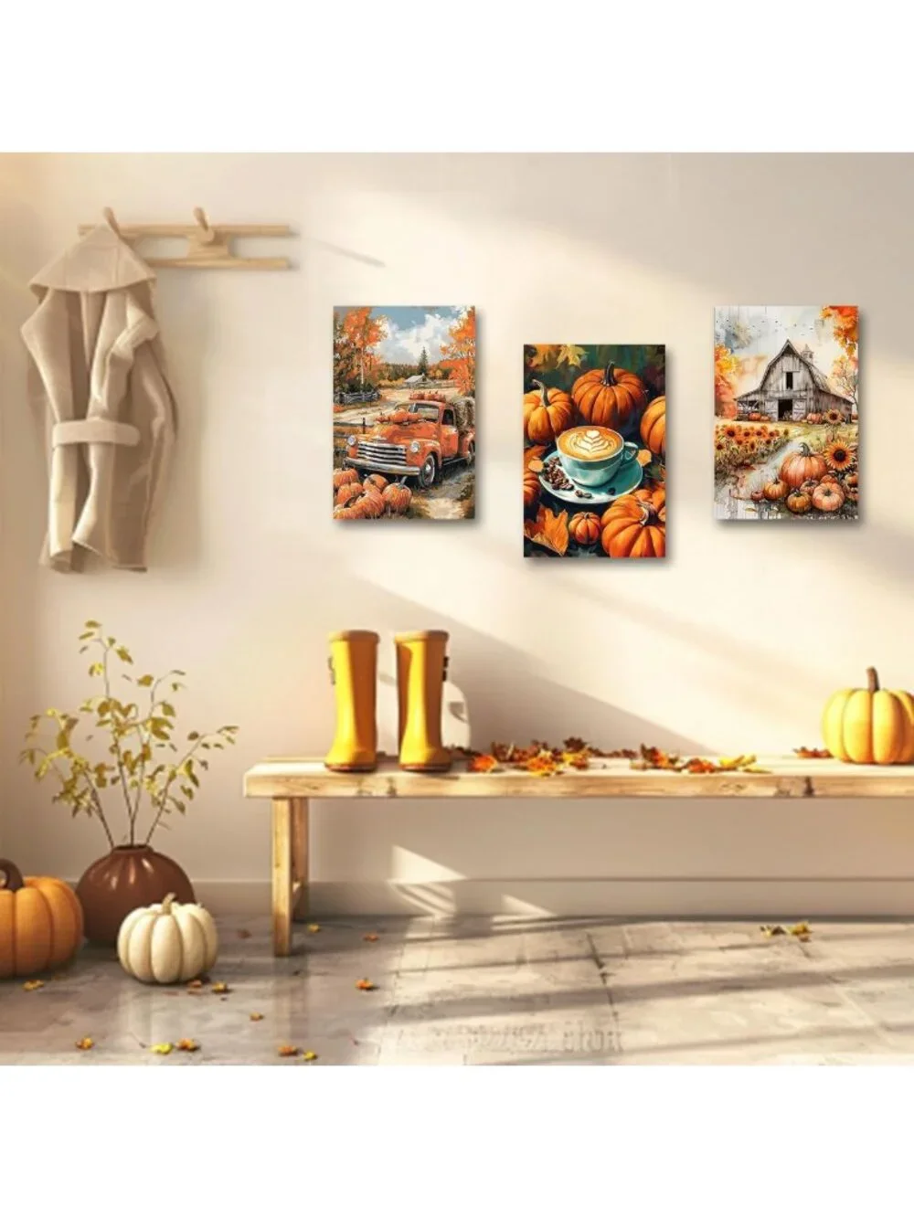 Autumn Pumpkin Wall Art Set - 3 Piece Fall Decor Canvas Prints for Thanksgiving