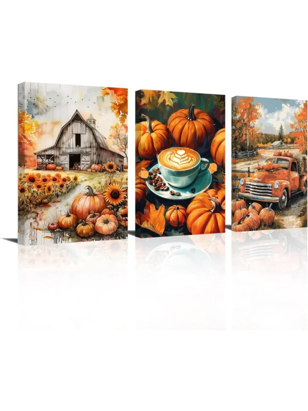 Autumn Pumpkin Wall Art Set - 3 Piece Fall Decor Canvas Prints for Thanksgiving