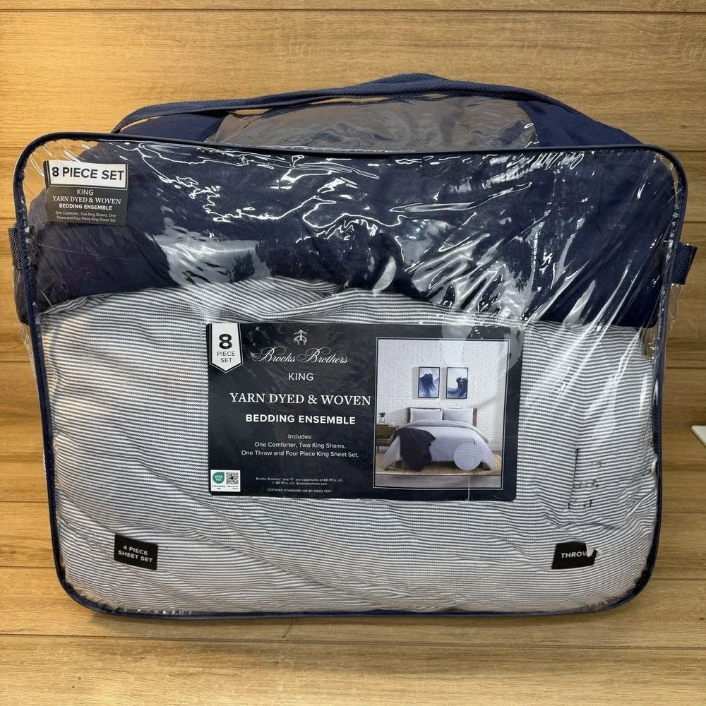 Brooks Brothers 8 Piece Bedding Sheet Sham Throw Set Blue & White Stripe KING