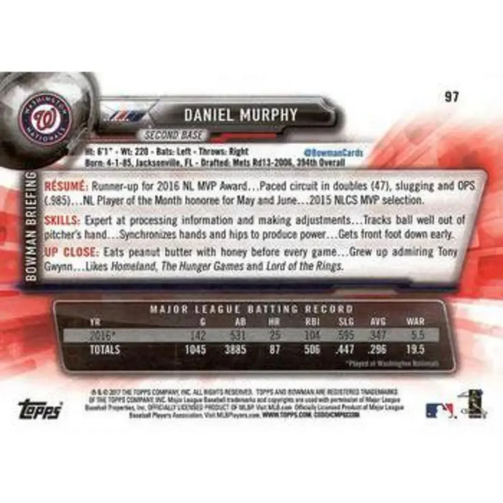 2017 Bowman Daniel Murphy # 97 Washington Nationals