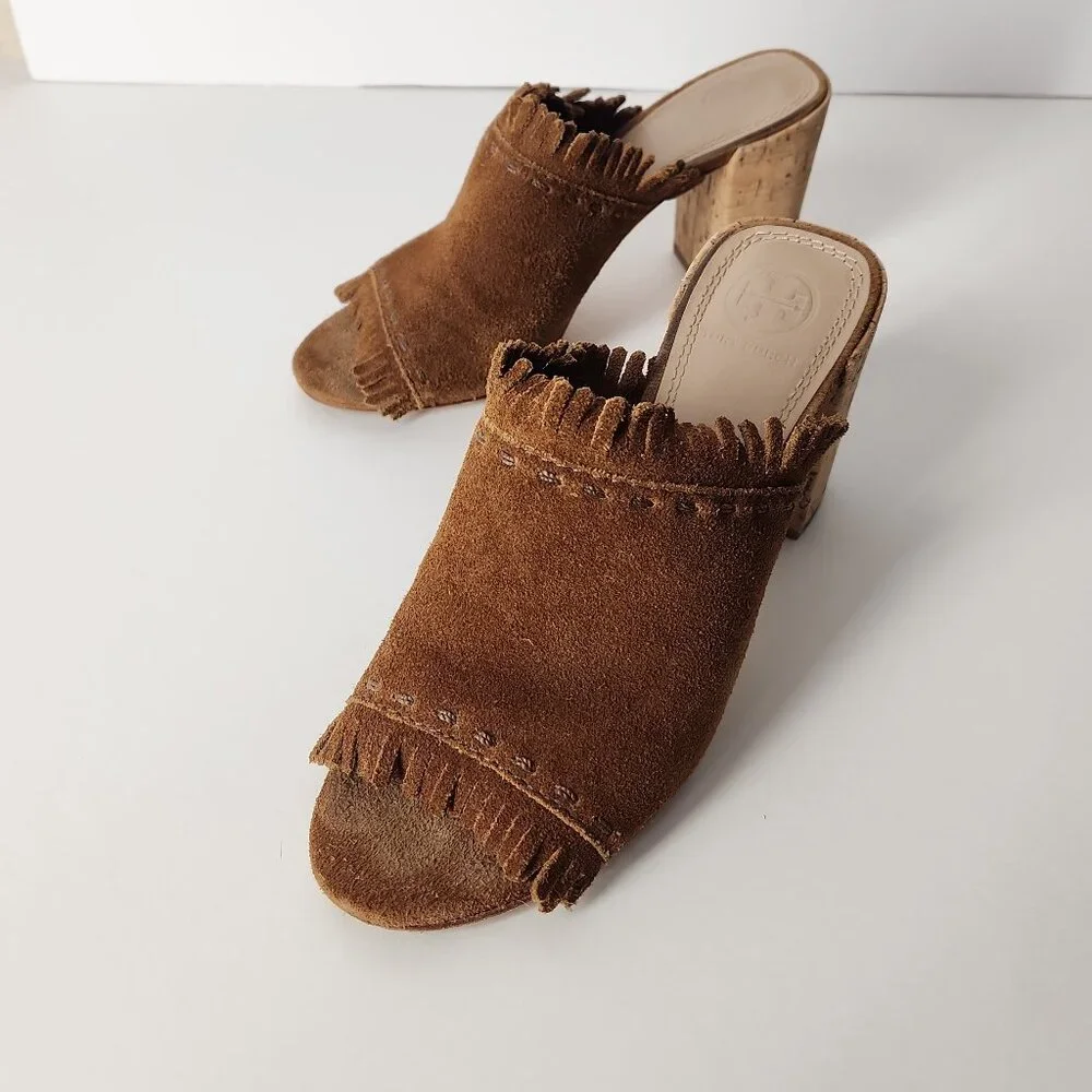 Tory Burch Huntington Festival Brown suede fringe mule sandal heel shoes 5.5 M