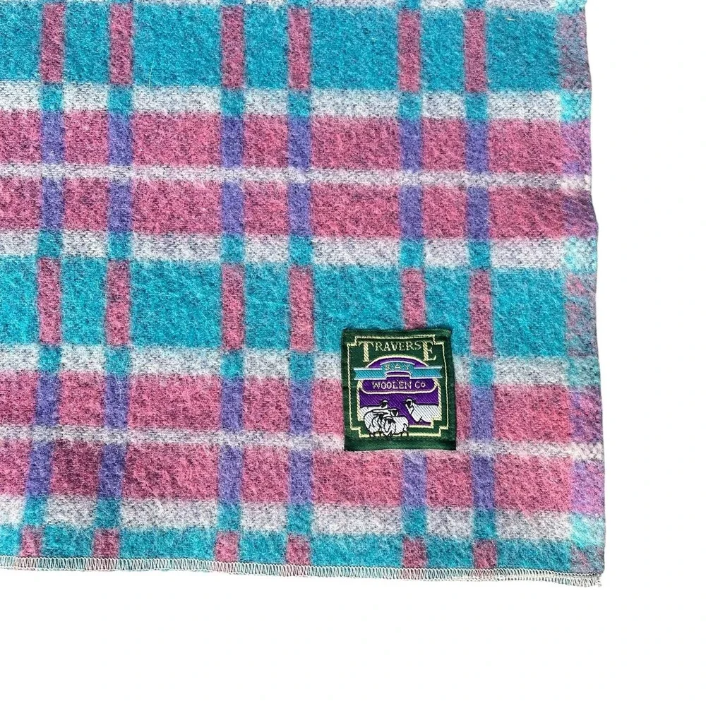 Vintage Traverse Bay Woolen Co Wool Blanket 56x81 Plaid Pink Aqua‎ Purple USA